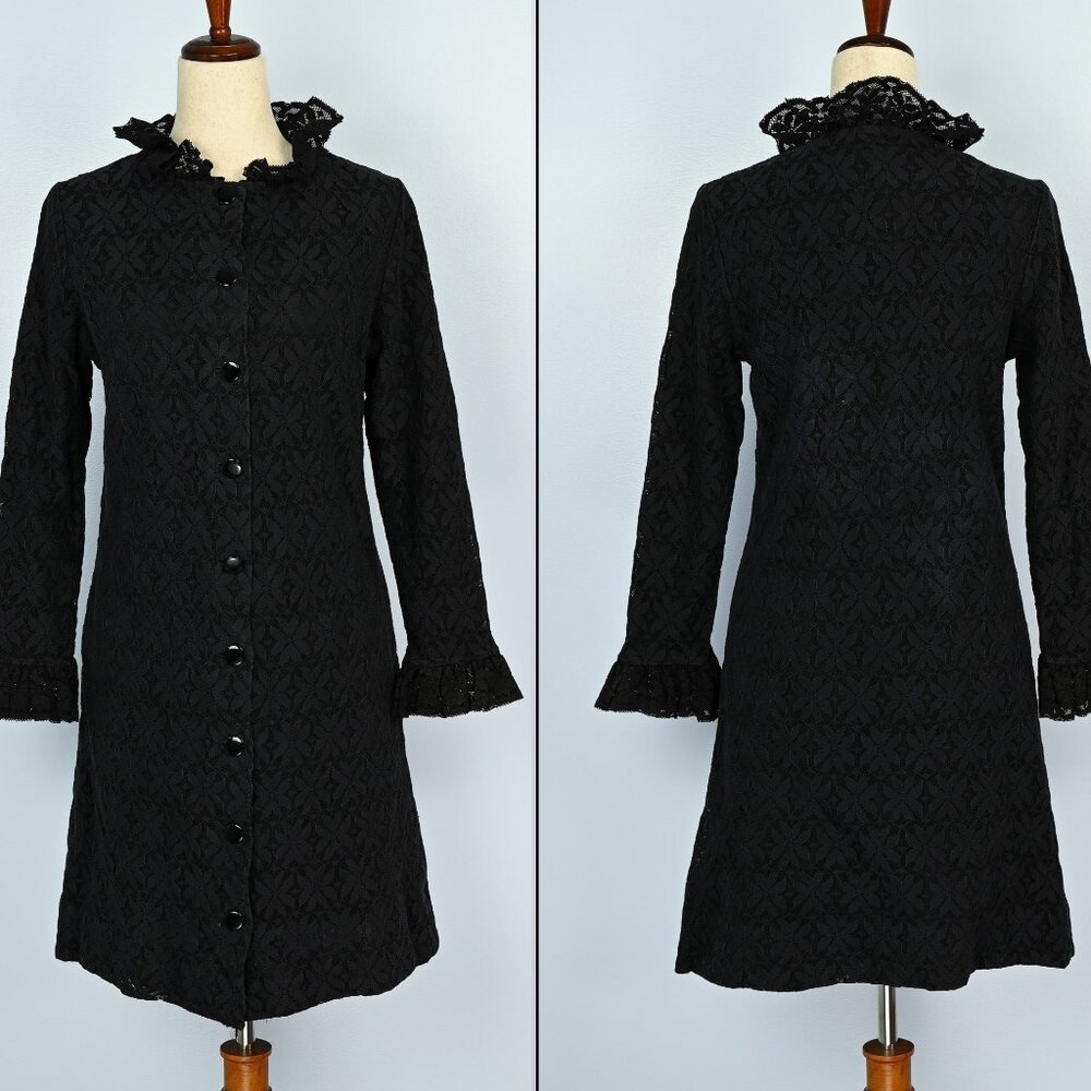 RARE Vintage 60s Black Floral Lace LE VOY'S Long Sleeve Button Up Dress